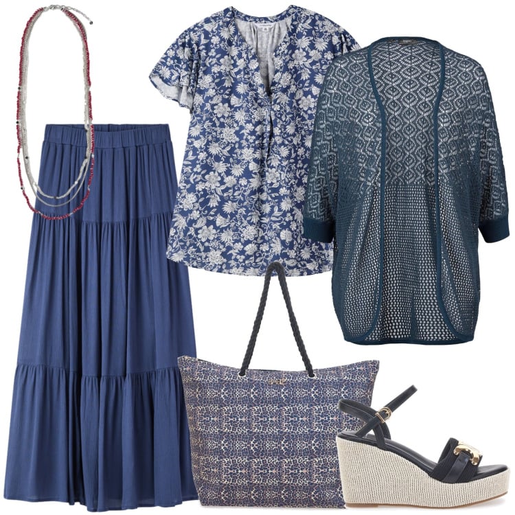 Outfit donna - Primavera che valorizza. Stile Boho per Tutti i giorni. Abbinamento con cardigans, gonne lunghe, bluse, collane, zeppe, shopping bag.
