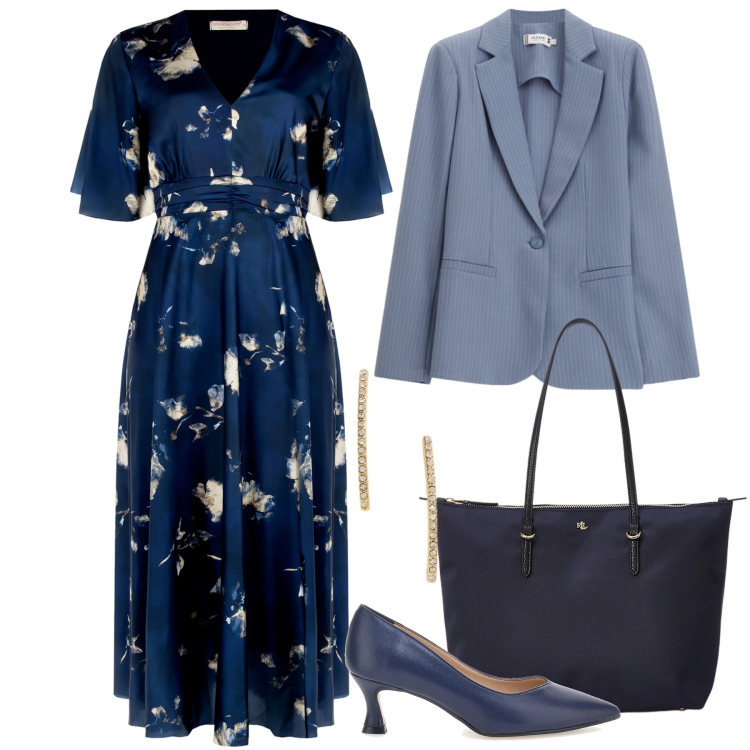 Outfit donna - Primavera che valorizza. Stile Chic per Cerimonia. Abbinamento con blazer, vestiti lunghi, borse tote, orecchini, décolleté.