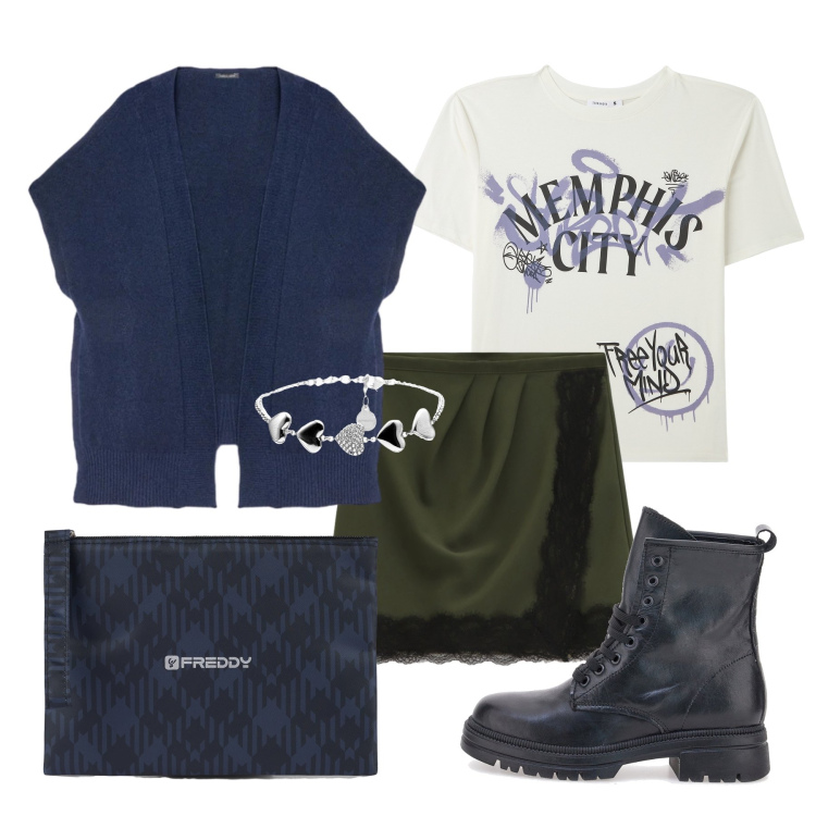 Outfit donna - Marzo. Stile Urban per Tutti i giorni. Abbinamento con t-shirt, gilet, minigonne, braccialetti, clutch, stivaletti chelsea.