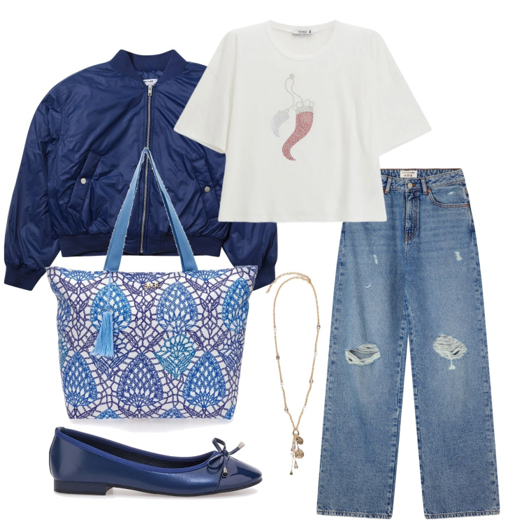 Outfit donna - Marzo. Stile Casual per Tutti i giorni. Abbinamento con jeans strappati, bomber, ciondoli, t-shirt, ballerine, shopping bag.