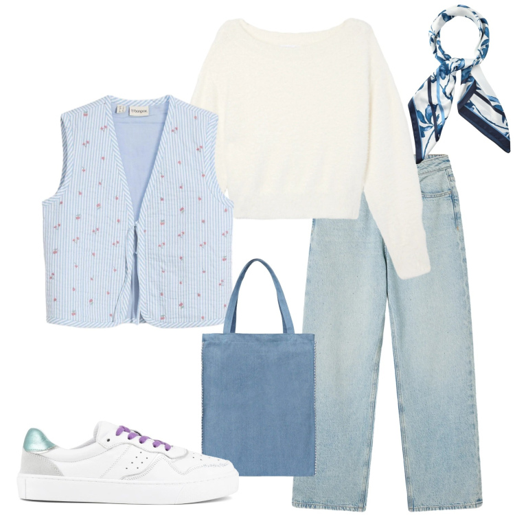 Outfit donna - Light blu denim. Stile Casual per Tutti i giorni. Abbinamento con gilet, maglieria, borse tote, jeans, foulard, sneakers.