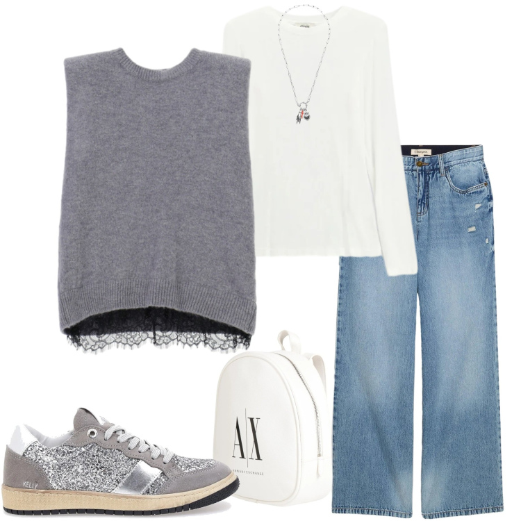 Outfit donna - Light blu denim. Stile Casual chic per Tutti i giorni. Abbinamento con zaini, jeans, maglieria, t-shirt, ciondoli, sneakers.