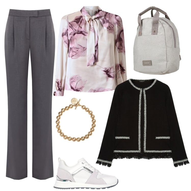 Outfit donna - Blusa. Stile Casual per Ufficio. Abbinamento con zaini, cardigans, pantaloni, bluse, braccialetti, sneakers alte.