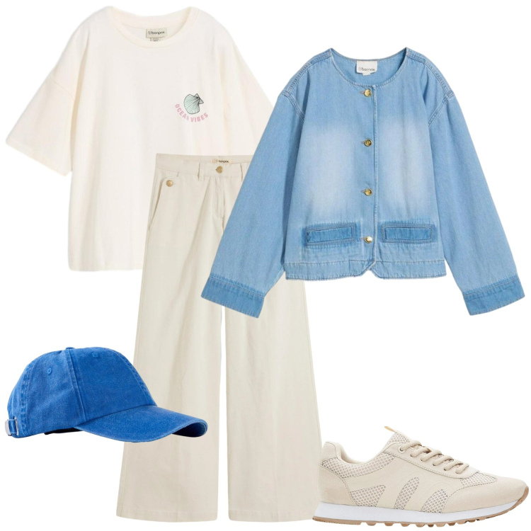 Outfit donna - Bonprix look primaverile. Stile Casual chic per Tutti i giorni. Abbinamento con t-shirt, pantaloni, blazer, cappelli con visiera, sneakers.