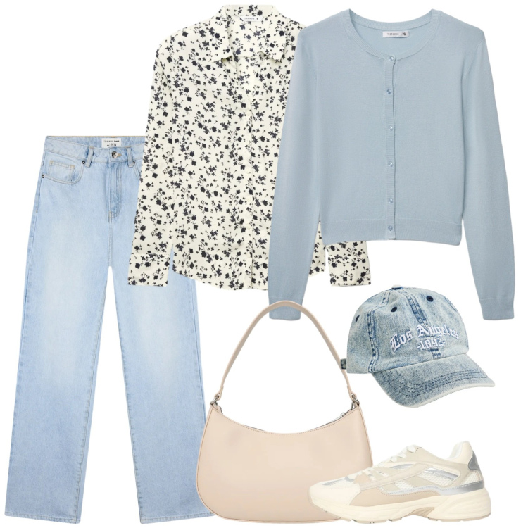 Outfit donna - A scuola in marzo. Stile Casual per Scuola/Università. Abbinamento con cardigans, cappelli con visiera, camicie, sneakers, borse a tracolla, jeans dritti.