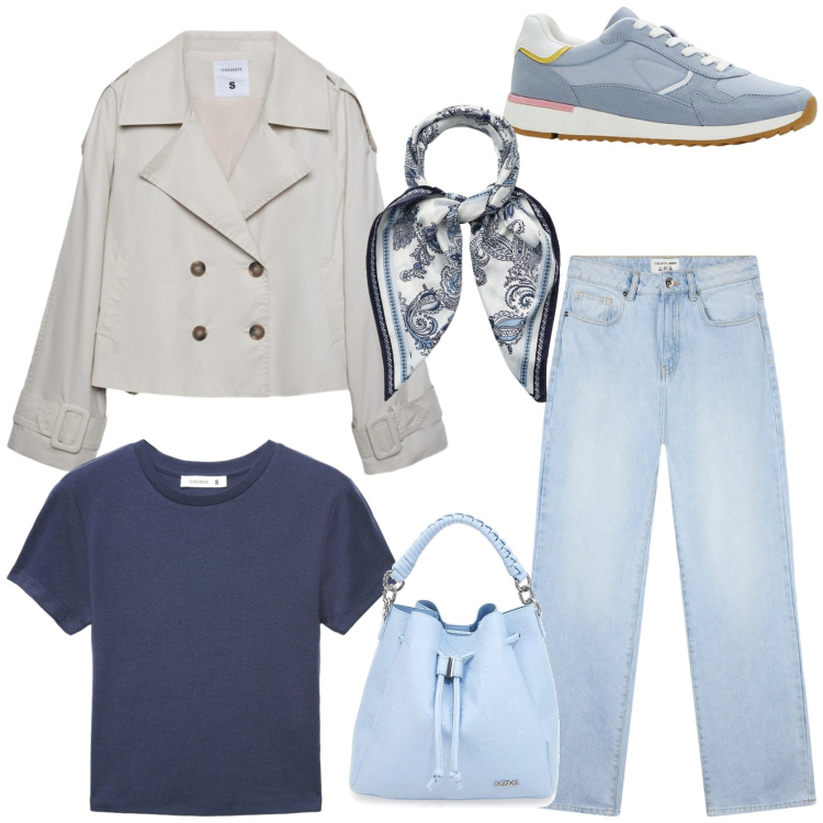 Outfit donna - Aria di primavera. Stile Urban per Tutti i giorni. Abbinamento con sneakers, caban, foulard, t-shirt, jeans dritti, borse a secchiello.
