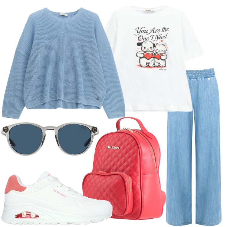 Outfit donna - Blue is the New Season. Stile Casual per Scuola/Università. Abbinamento con zaini, t-shirt, maglieria, jeans dritti, occhiali da sole, sneakers.