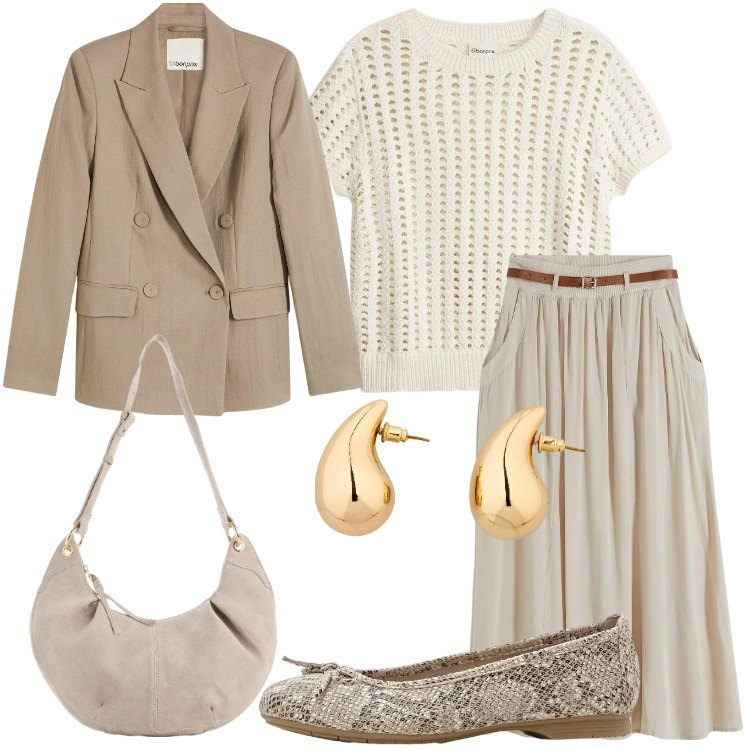 Outfit donna - bonprix - Look primaverili. Stile Basic per Tutti i giorni. Abbinamento con gonne lunghe, ballerine, bluse, orecchini, borse a tracolla, blazer.