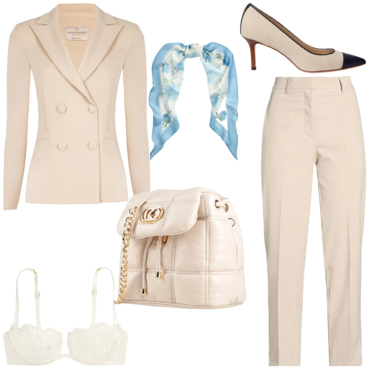 Outfit donna - Neutral colors. Stile Chic per Serata fuori. Abbinamento con valigie, pantaloni, blazer, reggiseni a balconcino, décolleté, foulard.
