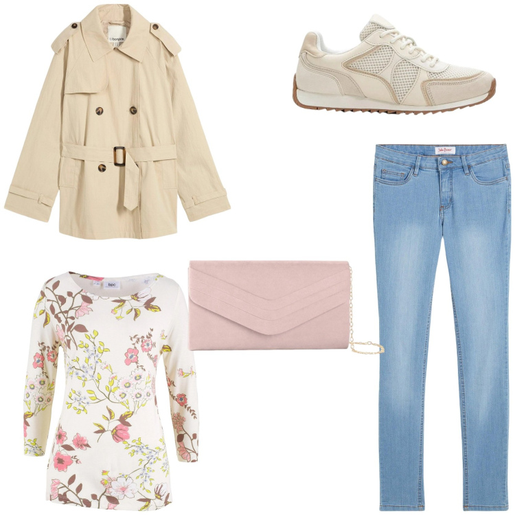Outfit donna - Look fresco e romantico. Stile Romantica per Tutti i giorni. Abbinamento con maglieria, trench, sneakers alte, jeans skinny, pochette.