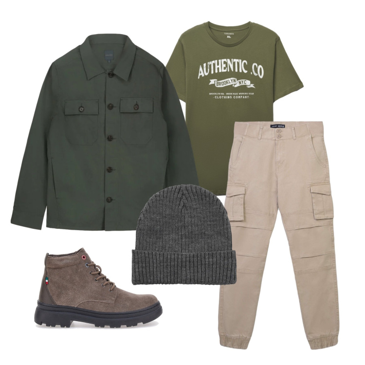 Outfit uomo - Marzo. Stile Casual per Tutti i giorni. Abbinamento con pantaloni cargo, berretti, t-shirt, stivali e stivaletti, cappotti.