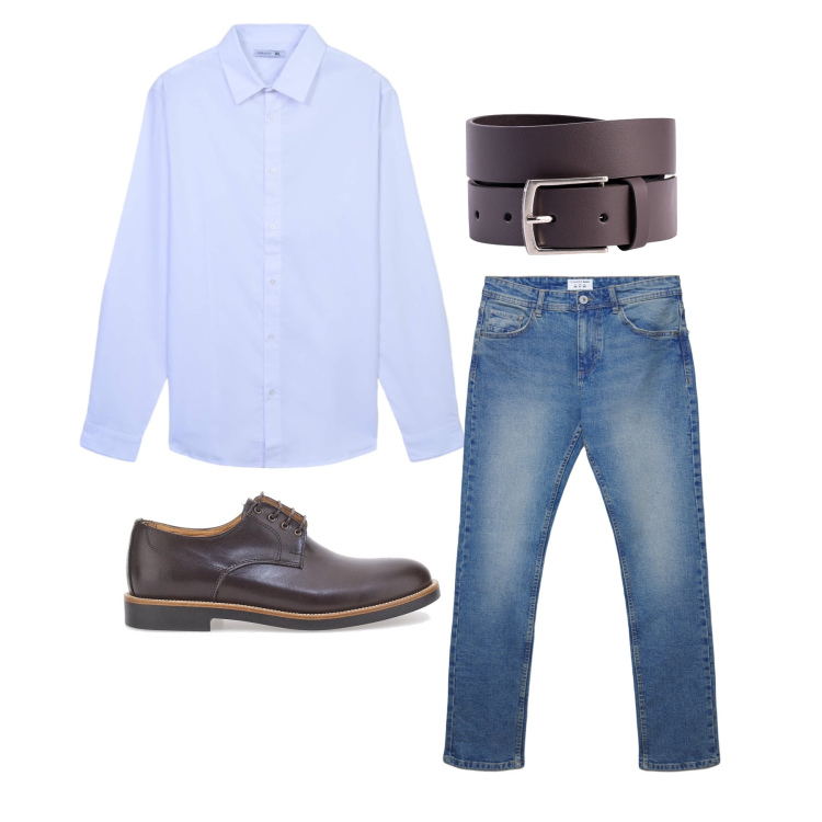 Outfit uomo - Marzo. Stile Casual per Tutti i giorni. Abbinamento con jeans dritti, camicie, cinture, scarpe stringate.