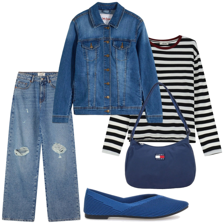 Outfit donna - Total look #2351526. Stile Basic per Tutti i giorni. Abbinamento con blazer, jeans strappati, t-shirt, borse a spalla, ballerine.