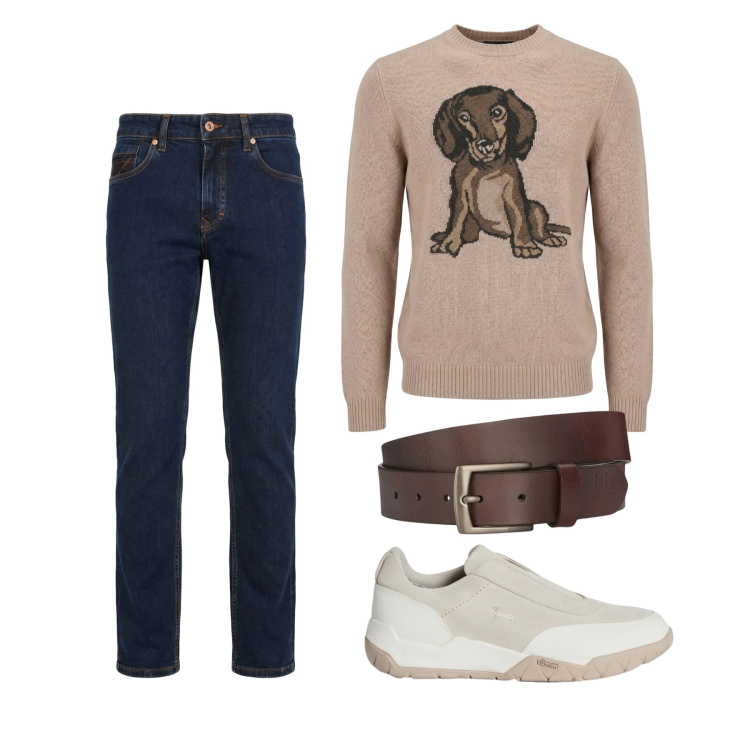 Outfit uomo - Marzo. Stile Trendy per Tutti i giorni. Abbinamento con jeans, maglieria, sneakers, cinture.