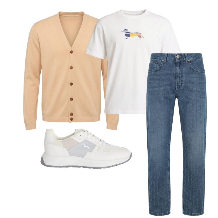 Outfit uomo - Marzo. Stile Trendy per Tutti i giorni. Abbinamento con jeans, cardigans, sneakers, t-shirt.