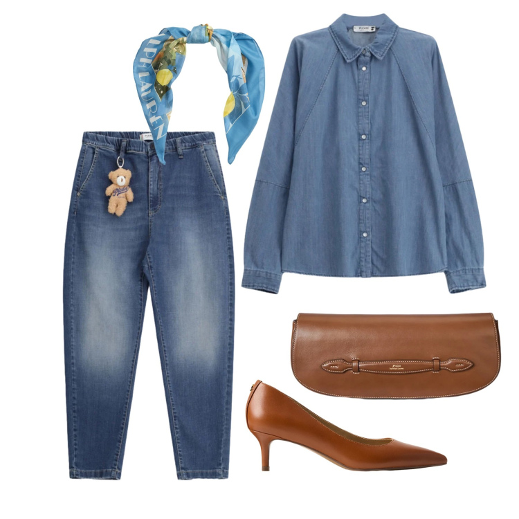 Outfit donna - Marzo. Stile Trendy per Tutti i giorni. Abbinamento con jeans, camicie, clutch, décolleté, foulard.