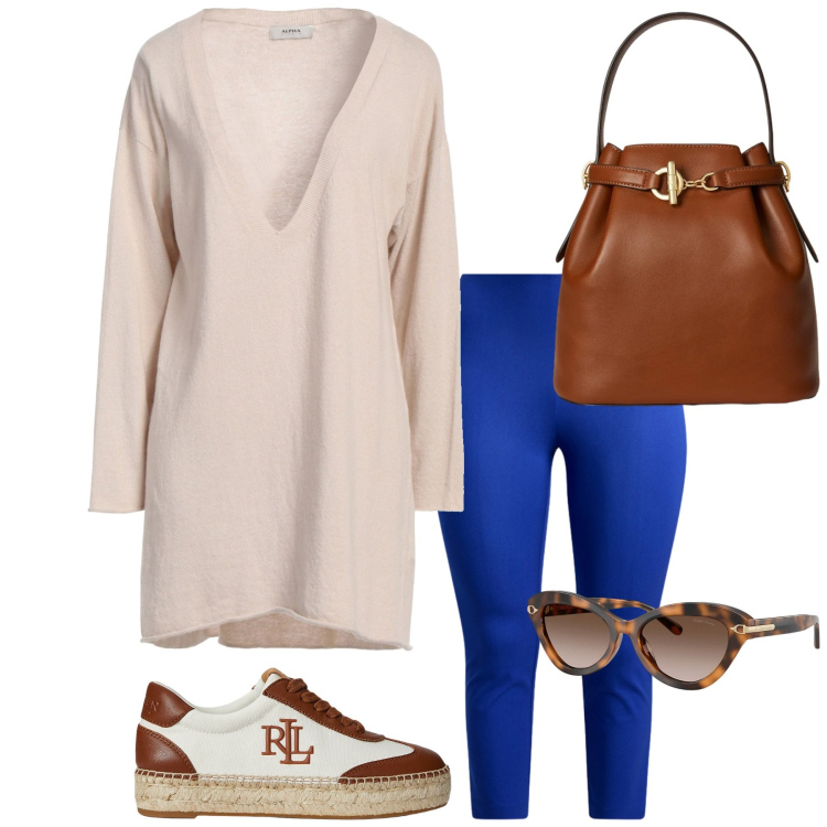Outfit donna - Total look #2351536. Stile Glamour per Tutti i giorni. Abbinamento con pullovers, pantaloni skinny, occhiali da sole, sneakers, borse a secchiello.