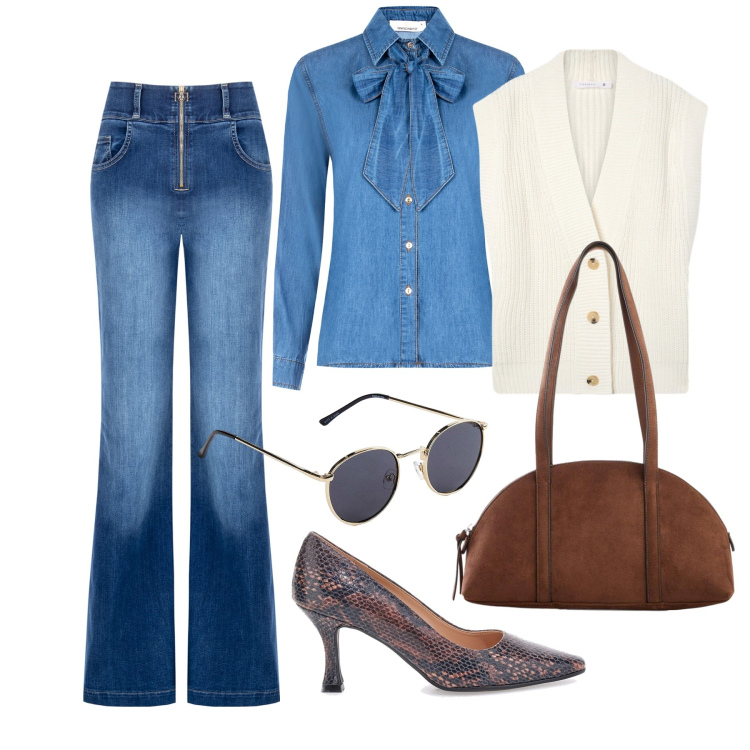 Outfit donna - Marzo. Stile Casual chic per Tutti i giorni. Abbinamento con occhiali da sole, borse a tracolla, gilet, jeans, camicie, décolleté.