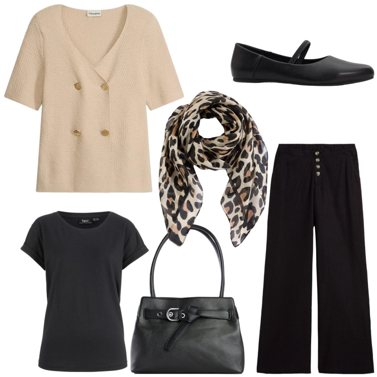 Outfit donna - Il nero incontra il beige. Stile Casual chic per Tutti i giorni. Abbinamento con pantaloni a palazzo, cardigans, borse a mano, foulard, ballerine, t-shirt.