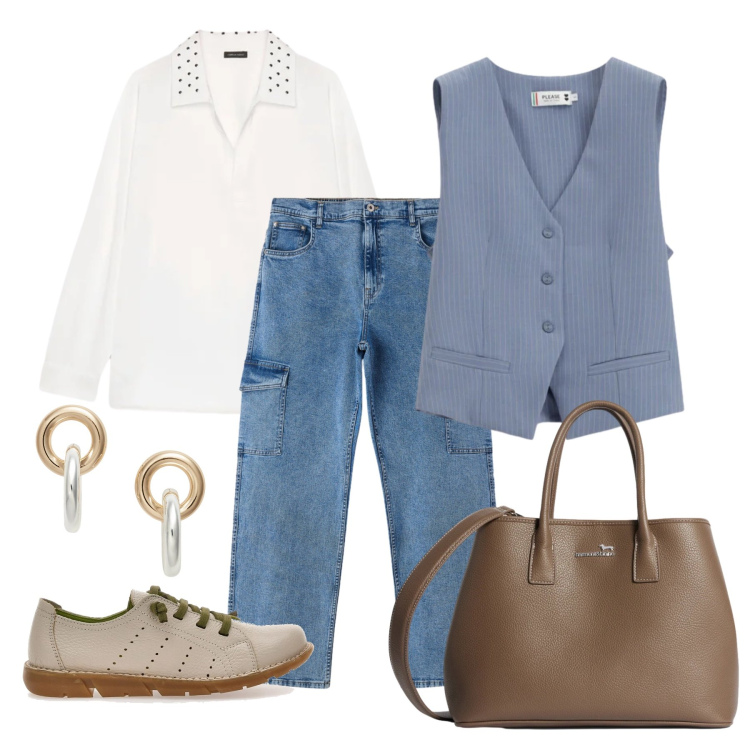 Outfit donna - Marzo. Stile Casual per Tutti i giorni. Abbinamento con borse a tracolla, jeans dritti, camicie, gilet, orecchini, scarpe stringate.