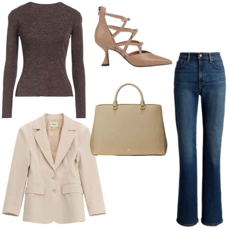 Outfit donna - Workwear di primavera. Stile Casual chic per Ufficio. Abbinamento con pullovers, décolleté, blazer, jeans, borse a mano.