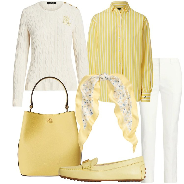 Outfit donna - 8 Marzo. Stile Bon Ton per Tutti i giorni. Abbinamento con camicie, mocassini, pantaloni, maglieria, foulard, borse a secchiello.