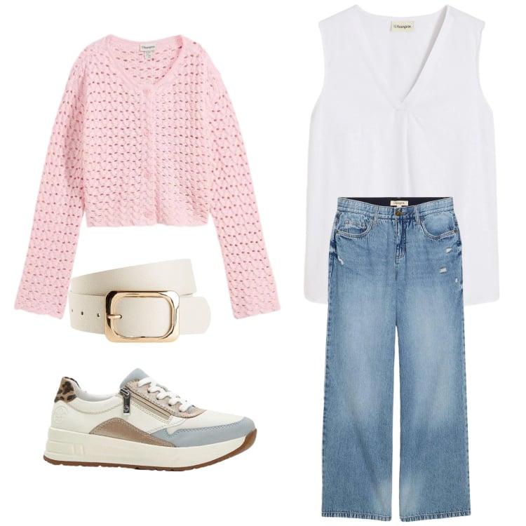 Outfit donna - Spring Softness. Stile Romantica per Tutti i giorni. Abbinamento con cardigans, top, sneakers, cinture, jeans.