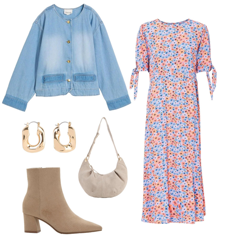 Outfit donna - Brezza Floreale. Stile Romantica per Tutti i giorni. Abbinamento con vestiti midi/longuette, stivaletti, blazer, borse a tracolla, orecchini.