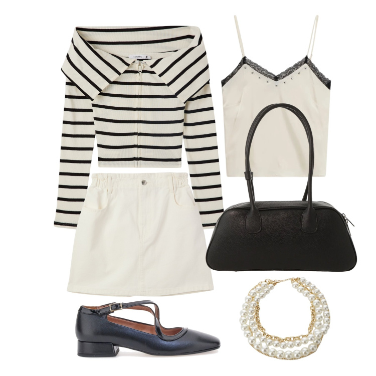 Outfit donna - Marzo. Stile Bon Ton per Tutti i giorni. Abbinamento con cardigans, minigonne, collane, borse a mano, top, ballerine.