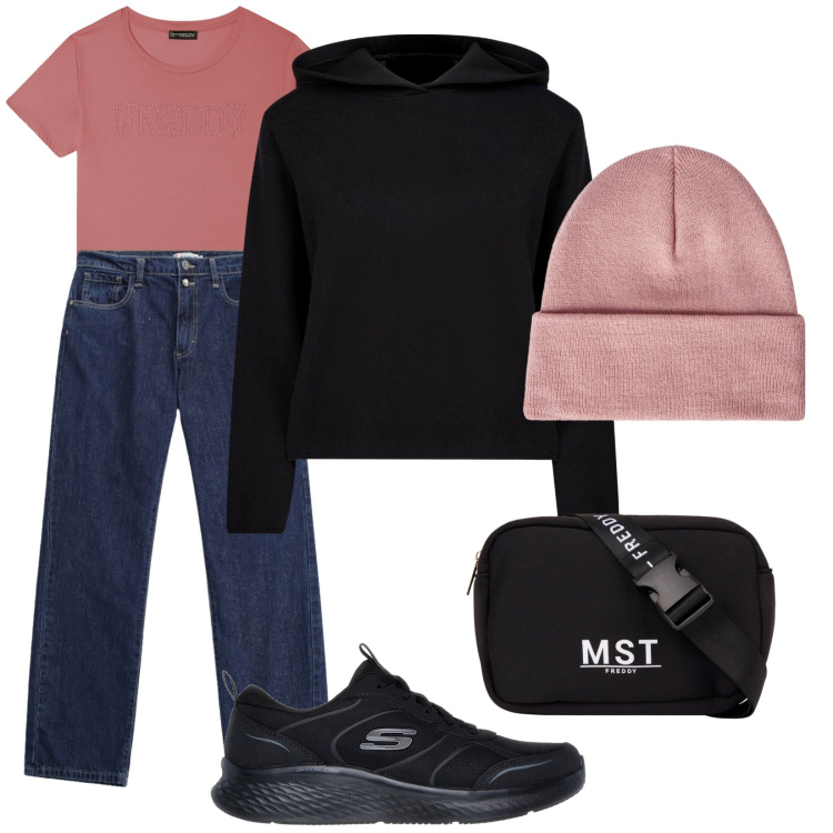 Outfit donna - Skechers and go. Stile Casual per Tutti i giorni. Abbinamento con berretti, pantaloni, t-shirt, borse sportive, maglieria, sneakers.