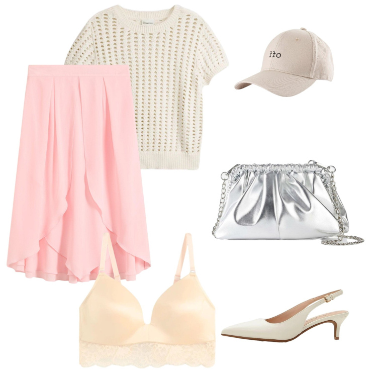 Outfit donna - Dettagli Romantici. Stile Casual chic per Tutti i giorni. Abbinamento con cappelli con visiera, gonne longuette, décolleté, bluse, reggiseni, borse a tracolla.