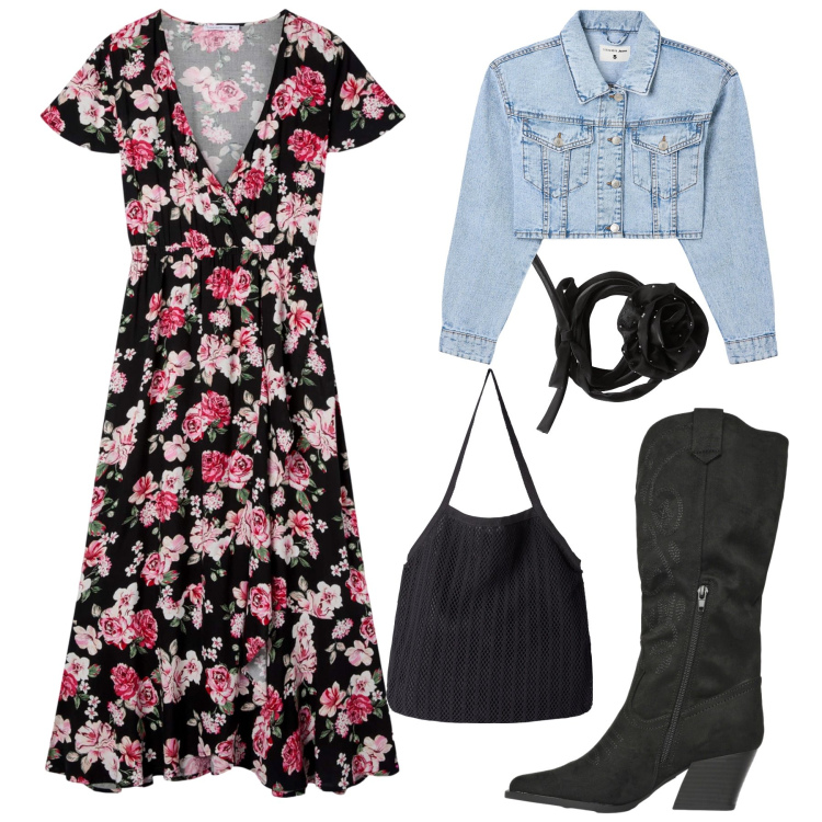 Outfit donna - Boho Spring: Fiori e Denim. Stile Boho per Tutti i giorni. Abbinamento con vestiti lunghi, collane, stivali, shopping bag, blazer.