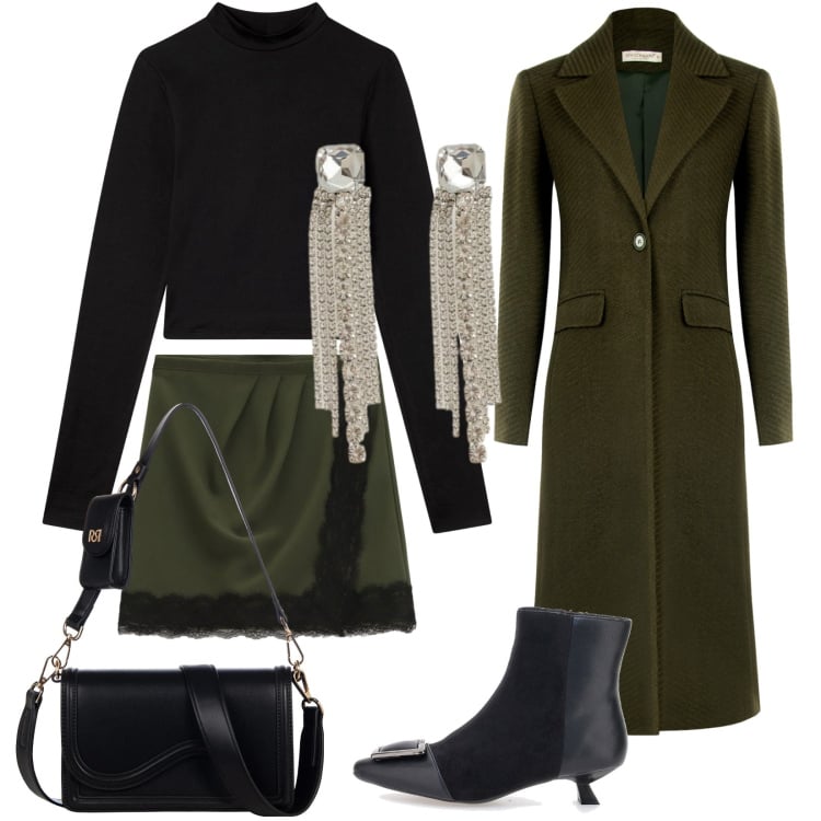 Outfit donna - Total look #2351562. Stile Chic per Serata fuori. Abbinamento con t-shirt, cappotti, pochette, minigonne, orecchini, stivaletti.