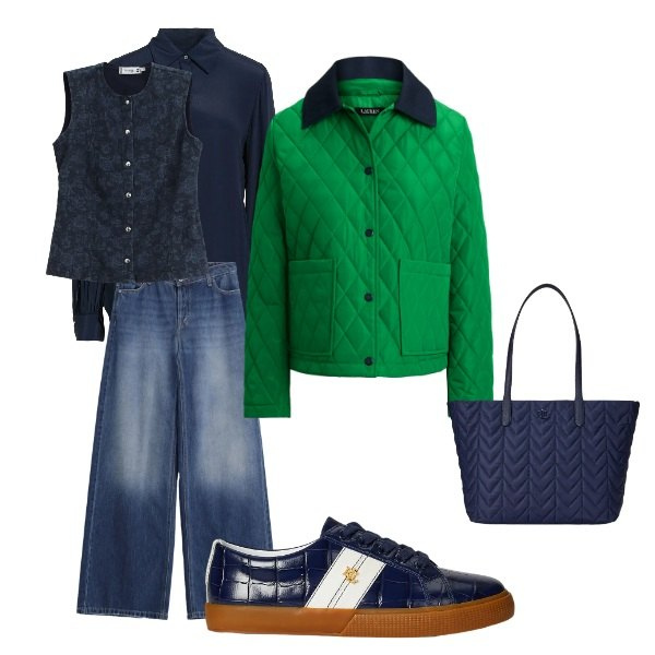 Outfit donna - verde e blu. Stile Casual per Tutti i giorni. Abbinamento con camicie, gilet, jeans, sneakers, borse tote, giacche.
