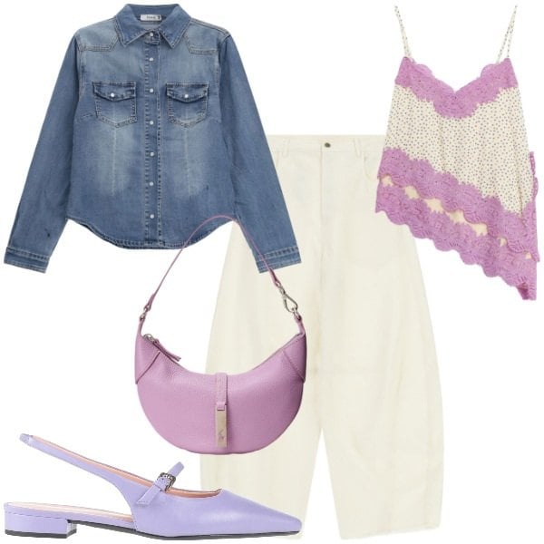 Outfit donna - Blue is the New Season. Stile Romantica per Tutti i giorni. Abbinamento con ballerine, camicie, top, pantaloni a palazzo, borse a spalla.