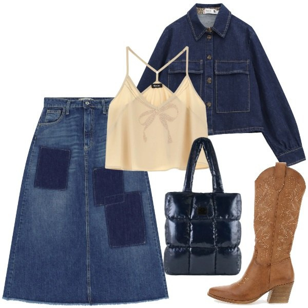 Outfit donna - Blue is the New Season. Stile Etnico per Tutti i giorni. Abbinamento con top, gonne lunghe, blazer, shopping bag, stivaletti texani.