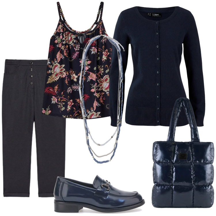 Outfit donna - Marzo in blu. Stile Casual chic per Tutti i giorni. Abbinamento con top, cardigans, pantaloni, collane, shopping bag, mocassini.