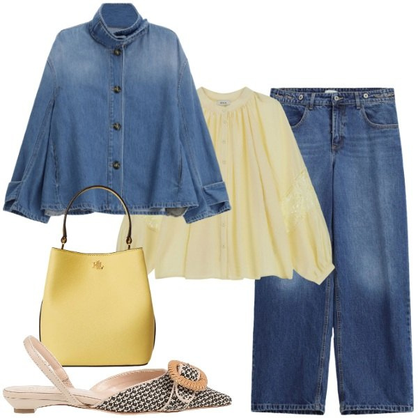 Outfit donna - Blue is the New Season. Stile Trendy per Tutti i giorni. Abbinamento con ballerine, jeans, camicie, blazer, borse a secchiello.