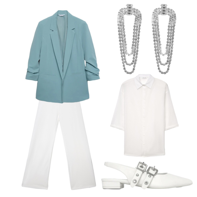 Outfit donna - Fresco e Glamour: La Primavera in Uffici. Stile Chic per Ufficio. Abbinamento con ballerine, blazer, camicie a manica corta, pantaloni, orecchini.