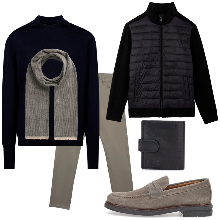 Outfit uomo - Total look #2351574. Stile Casual per Tutti i giorni. Abbinamento con pantaloni skinny, sciarpe, piumini, portafogli, maglieria, scarpe stringate.