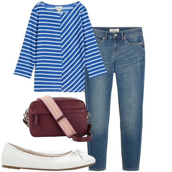 Outfit donna - bonprix - Look primaverili. Stile Minimal per Tutti i giorni. Abbinamento con jeans skinny, ballerine, borse a tracolla, t-shirt.