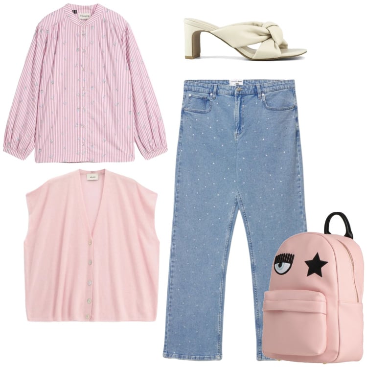 Outfit donna - Curvy style nei colori pastello. Stile Bon Ton per Tutti i giorni. Abbinamento con zaini, camicie, jeans dritti, gilet, sandali col tacco.