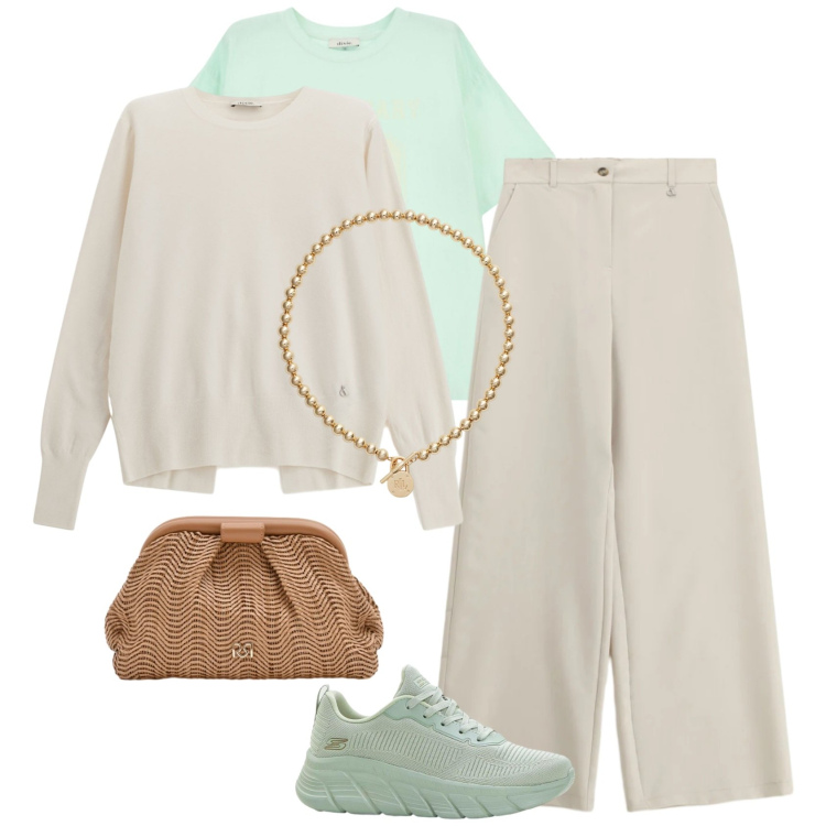 Outfit donna - Curvy style nei colori pastello. Stile Bon Ton per Tutti i giorni. Abbinamento con sneakers, pantaloni a palazzo, t-shirt, maglieria, pochette, collane.