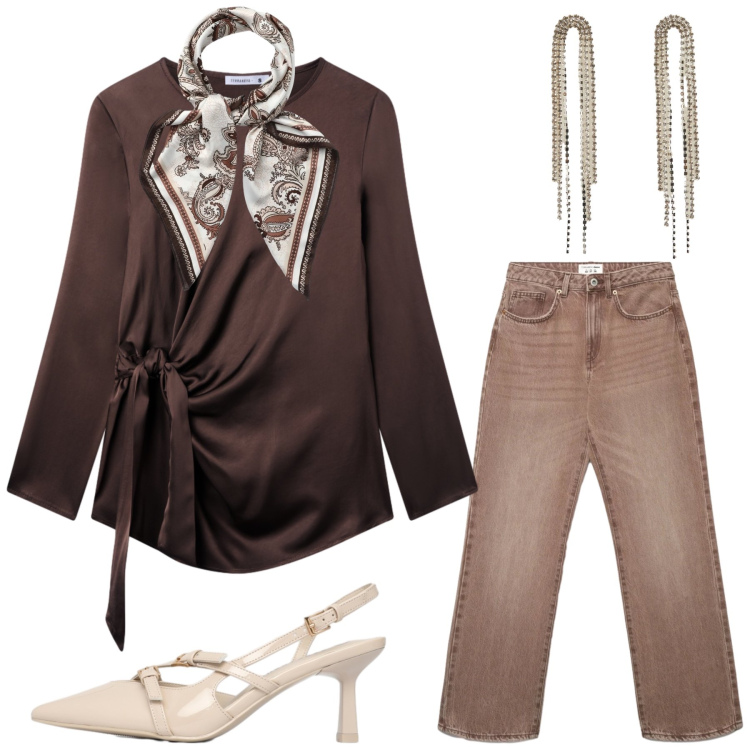Outfit donna - Sfumature di Caffè: Il fascino dei toni. Stile Casual chic per Serata fuori. Abbinamento con bluse, jeans dritti, décolleté, foulard, orecchini.