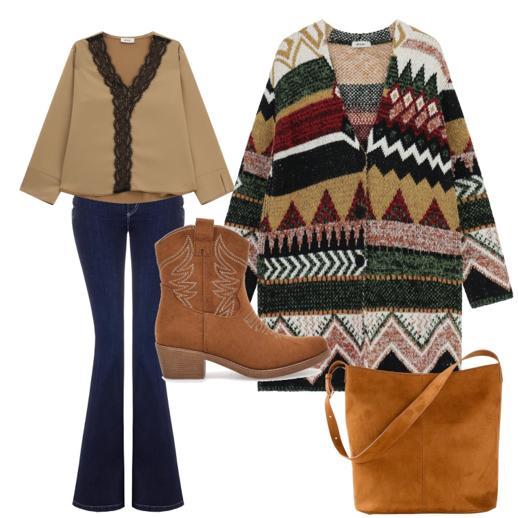 Outfit donna - Boho-Chic Heritage: Trame e Ricami. Stile Boho per Tutti i giorni. Abbinamento con borse a mano, bluse, cappotti, jeans a zampa, stivaletti texani.