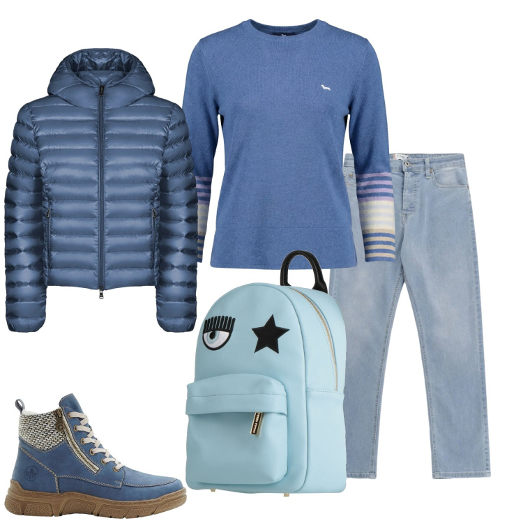 Outfit donna - Total look #2351586. Stile Casual per Tutti i giorni. Abbinamento con zaini, stivaletti, pullovers, jeans, bomber.