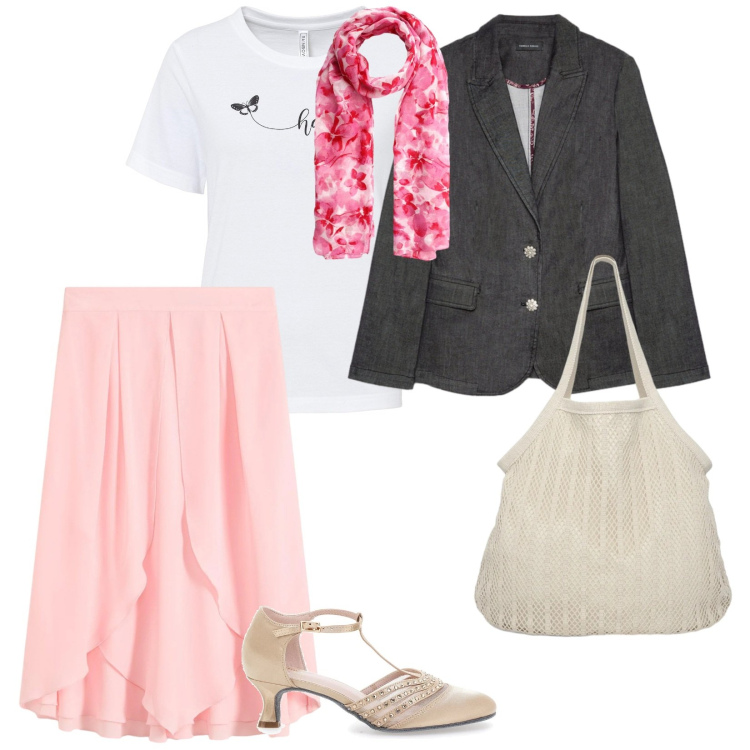 Outfit donna - Colori pastello. per Tutti i giorni. Abbinamento con t-shirt, gonne longuette, shopping bag, foulard, blazer, décolleté.