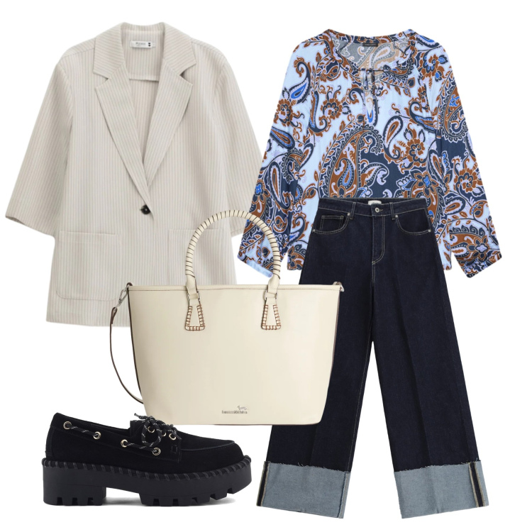 Outfit donna - Marzo. Stile Romantica per Tutti i giorni. Abbinamento con shopping bag, bluse, jeans, blazer, mocassini.