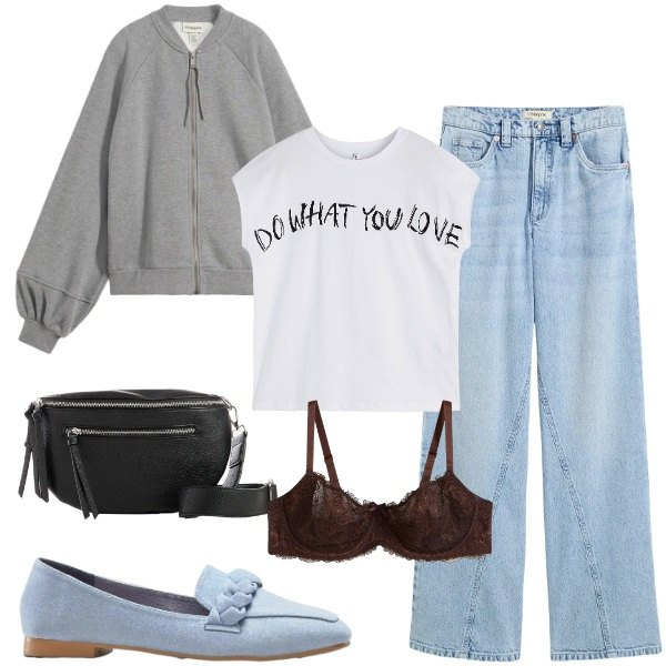 Outfit donna - bonprix - Look primaverili. Stile Casual chic per Tutti i giorni. Abbinamento con mocassini, jeans, maglieria, reggiseni, marsupi, bomber.