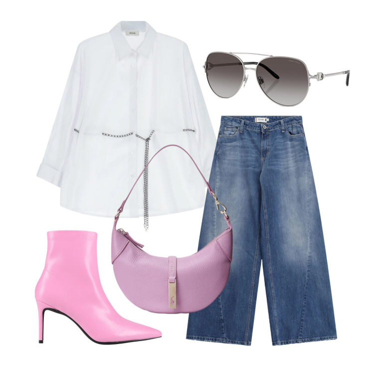 Outfit donna - Marzo. Stile Glamour per Tutti i giorni. Abbinamento con stivaletti, camicie, jeans, occhiali da sole, borse a spalla.